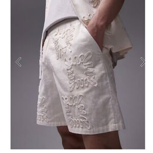 Topman laid on embroidered Y2K linen mix shorts in ecru Size 32 A003674